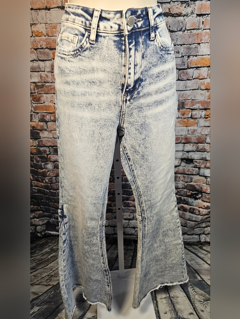 Flying Monkey High Rise Super Flare Acid Wash Jeans Women's 26 Raw Hem